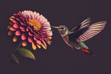 A Zinnia Bloom And A Hummingbird Hovering In Midair. Generative AI