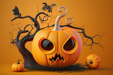 Wall Mural - Cartoon pumpkin with eyes, a witch's hat, and some cobwebs on a branch, all set against an orange background. Decorations for Halloween. Generative AI