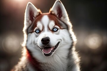 Sticker - The small eyes of a Siberian Husky dog, the wide grin on its face, and the twinkling excitement in its eyes are all hallmarks of this adorable breed. White and red Siberian husky dog smiling and enjoy