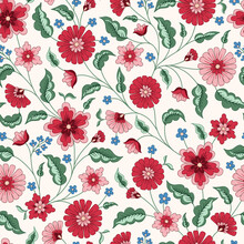 Indian Trailing Flowers Vector Seamless Pattern. Cottagecore Chintz Floral On White Background. Delicate Summer Boho Print