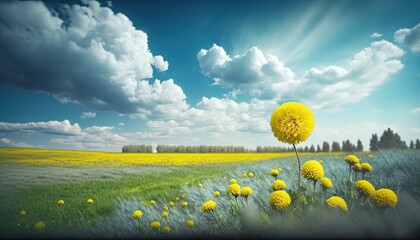 Poster - Summer spring natural landscape, Beautiful meadow field with fresh grass and yellow dandelion flowers in nature against a blurry blue sky with clouds. by ai generative