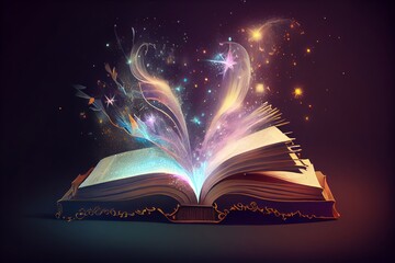 Poster - Magic book with magic firework on dark background. Generative AI
