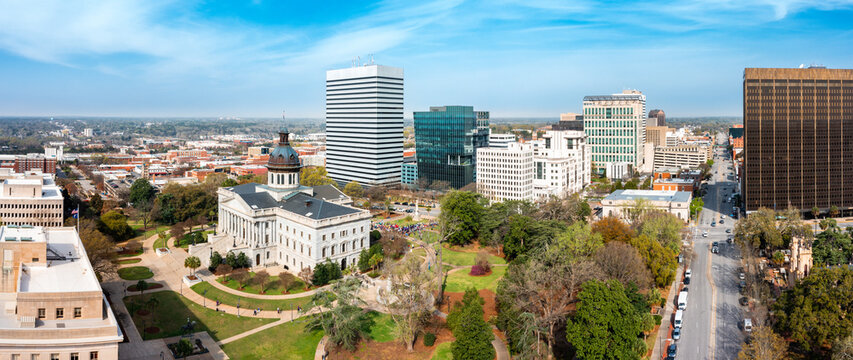 aerial panorama of the south carolina statehouse and columbia skyline on a sunny morning. columbia i