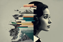 Knowledge And Science Woman With Books Artistic Graphic Collage - Generative AI Illustration