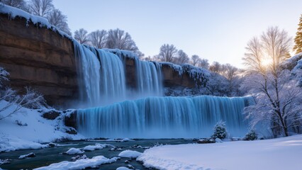 Wall Mural - beautiful snowy winter landscape with 2 waterfalls, trees and sun. AI Generative
