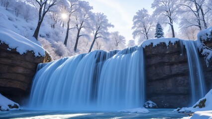 Wall Mural - beautiful snowy winter landscape with waterfalls, trees and sun. AI Generative