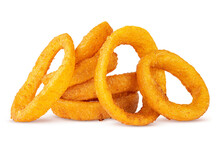 Onion Rings. Deep Fried Onion Rings. Breaded Crispy Vegetable. Snack For Beer Or Vine. Fast Food Restaurant. Junk Food. Cooked Tasty Appetizer Meal. Fried Squid Rings. White Isolated Background.