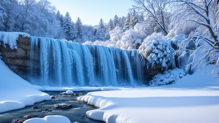 Wall Mural - beautiful snowy winter landscape with waterfalls, trees and sun. AI Generative