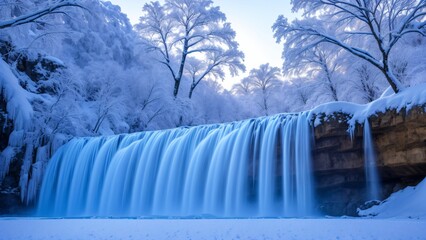 Wall Mural - beautiful snowy winter landscape with waterfalls, trees and sun. AI Generative