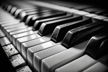 Poster - black and white macro image showing a close up of piano keys. generative ai