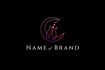 Wall Mural - crescent moon logo template with rose flower combination in pink gradient color linear design