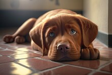 Closeup Of An Isolated Fox Red Labrador Retriever Puppy Lying On A Shiny Brown Tile Floor In The Sun And Looking At The Camera With A Sad Face, Causing Forehead Wrinkles In The Fur, With A Shallow Dep