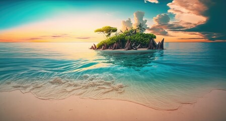 Tropical island with beach and palm trees. Sunny ocean vacation landscape. Paradise sunset.