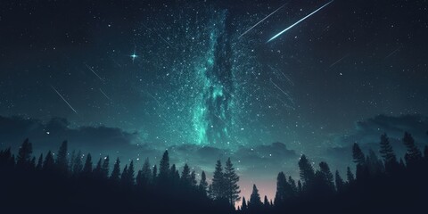 Abstract time lapse night sky with shooting stars over forest landscape. Milky way glowing lights background.