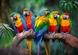 A flock of colorful parrots perched on a branch in a tropical rainforest - Generative AI