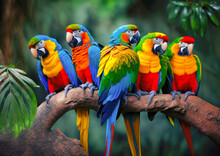 A Flock Of Colorful Parrots Perched On A Branch In A Tropical Rainforest - Generative AI