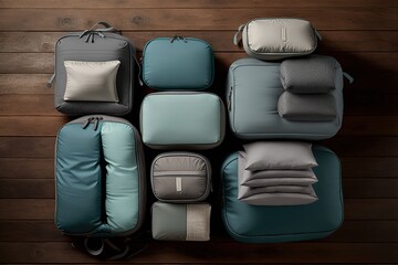 Poster - packing cubes, travel pillows, and other luggage, all on a grey wooden background. generative ai