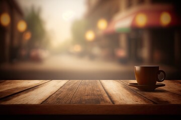 Sticker - An empty wooden table in front of a hazy, abstract coffee shop backdrop. can be incorporated into a collage or presentation of your products. Prototype used in advertising. Generative AI