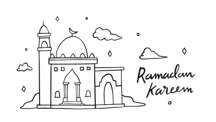 Wall Mural - Ramadan Kareem kids doodle illustration with arabian mosque architecture background