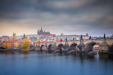 Poster - Panoramic view over the cityscape of Prague at dramatic sunset, Czech Republic