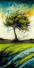 Painting Tree Middle Field Illustrated Top Cow Comics Wind Blowing Graffiti Art Inking Etching Screen Hurricane Colorful Glass Product Waterways Swirling Energy Leaves, Generative Ai