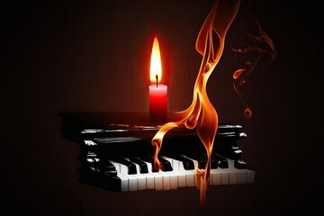 Poster - piano key with a flaming candle. Generative AI