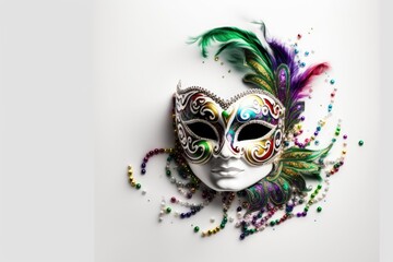 Wall Mural - Masked revelers, colorful beads, and blank white space for custom text a festive Mardi Gras backdrop. Picture of a carnival mask on a white background. Generative AI