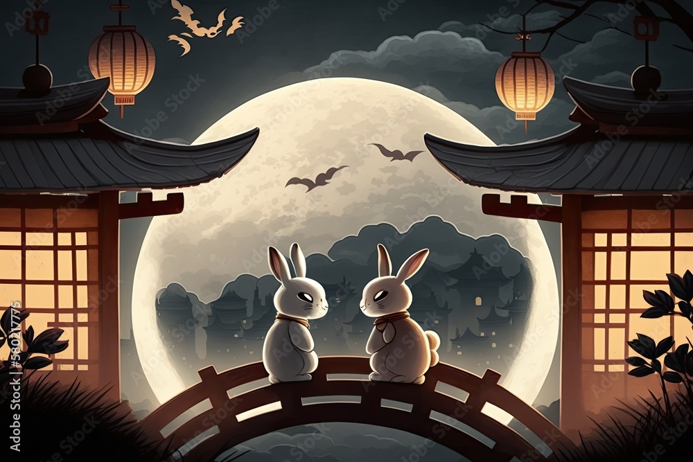 imaginative Mid Autumn Festival flag. Cute rabbits watching the full ...