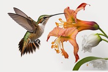 A Male Young Ruby Throated Hummingbird (archilochus Colubris) Hovers Over An Attractive Orange Day Lily In A White Background. Generative AI