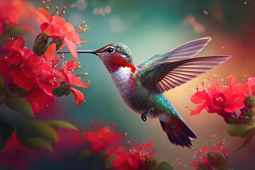 Poster - Colibri thalassinus, a gorgeous hummingbird with a colorful background, hovering near to a red blossom in a garden. Generative AI