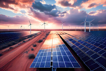 wind turbines and solar panels at sunset, concept of renewable energy generative ai