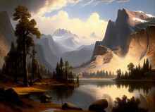 Painting Mountain Scene Lake Yosemite Young Set Vast Expansive Landscape, Generative Ai
