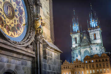 Wall Mural - Astronomical clock, Tyn church and old town hall tower in Prague, Czech republic