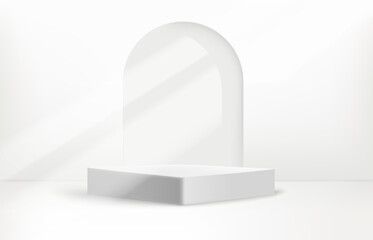 Poster - Bright illuminated room with portal and podium. Showcase  template. 3d vector background