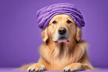 Wall Mural - Dog at a spa, with a towel on his head and a body brush. For beauty procedures, a Golden Retriever sits on a purple background. Pet grooming. Generative AI