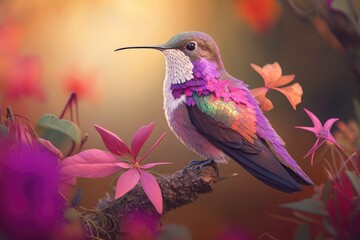 Poster - Picture of a male hummingbird with bright plumage perched on a pink flower. Generative AI