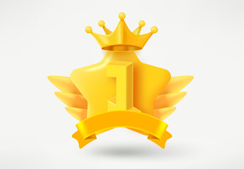 Poster - Golden game rank emblem with number 1 and star. Game achievement 3d badge isolated on white background