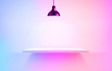 Poster - illuminated interior with shelf and lamp. 3d vector banner with copy space