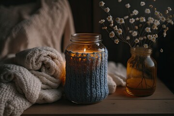 Poster - a lit candle in an amber glass jar, gypsophila blossoms, and a pile of hand knit seasin sweaters. hy