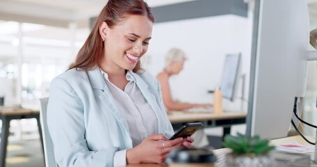 Canvas Print - Phone, search and smile with business woman at computer for planning, networking and social media in office. Internet, technology and news with employee at desk for app, communication and website