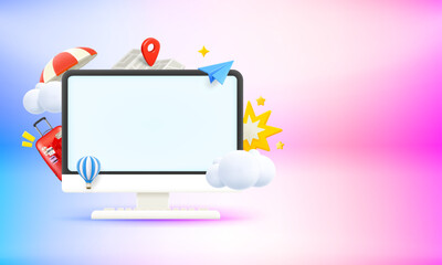Poster - Computer monitor with travel elements and blank screen. 3d vector banner with copy space