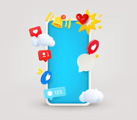 Poster - Modern smartphone with video social media elements and blank screen. 3d vector illustration