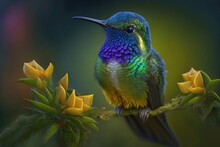 Hummingbird, Green And Blue Sparkling There Was A Violet Ear Fluttering Next To A Gorgeous Yellow Flower. Species Of Bird Native To The Cloud Forests Of Ecuador. View Of Wild Animals In Their Natural