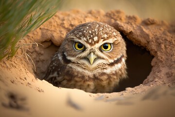 Poster - this burrowing owl is hilarious. the athene cunicularia raises its head curiously as it sits on the 