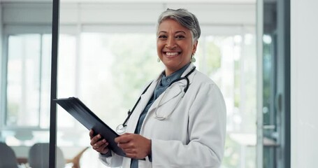 Poster - Healthcare, documents and insurance with a doctor woman at work in a hospital for medical care. Portrait, trust and consulting with a female medicine professional standing in a clinic for treatment