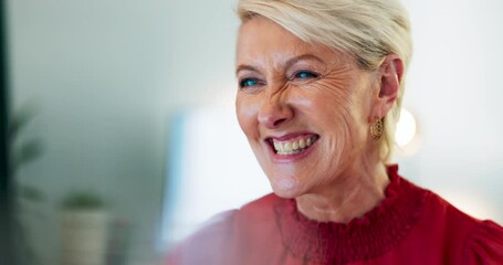 Canvas Print - Winner, senior woman and excited face of a business worker happy about success and good news. Investment profit, stock market growth and web promotion of a elderly employee with a smile in a office