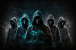 army of hackers. dangerous group of hackers in hoods. Internet, virus, cybercrime, cyberattack, and system exploitation. Dark skin. Anonymous, generative AI