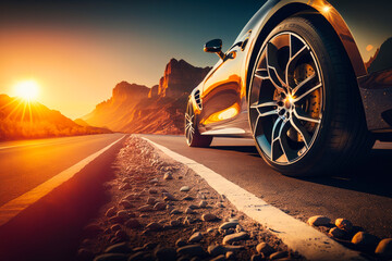 Canvas Print - Car driving on desert road at sunset. Generative AI.