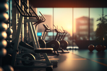 Poster - Gym equipment in an empty room with the sun setting in the background. Generative AI.