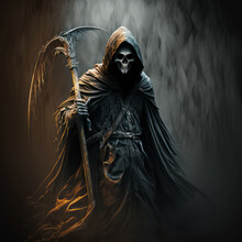 Grim Reaper Holding Scythe In The Dark. Generative AI.